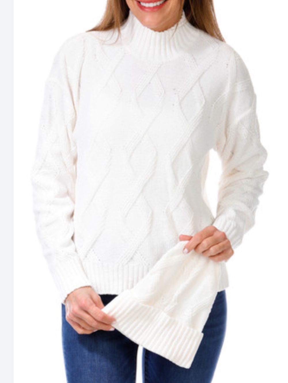 NWT Adrienne Vittadini Ivory Cable Knit Turtleneck Sweater W matching hat PL